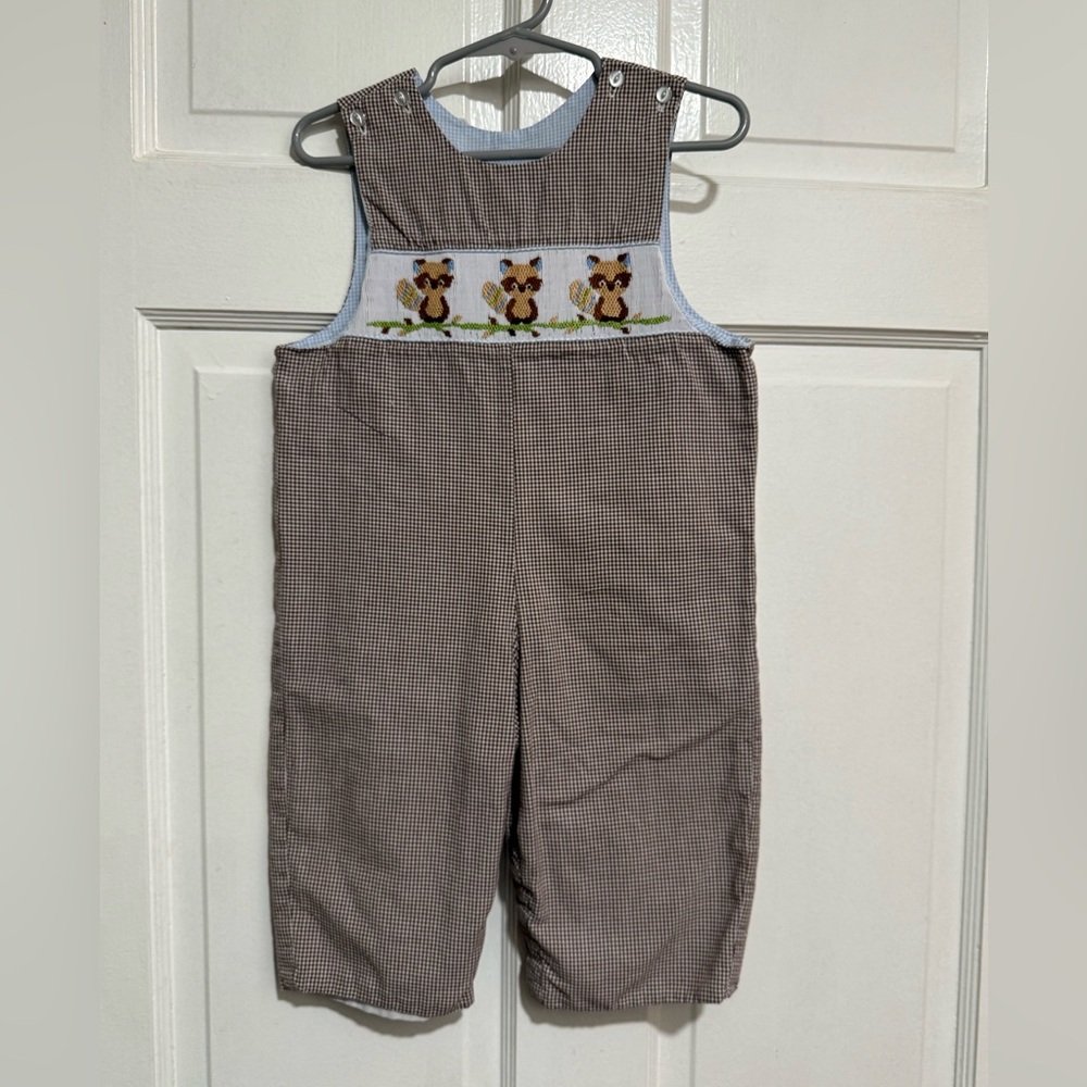 18 Month Smocked Raccoon Zoo Animal Boys Longalls Jon Jons Overalls One Piece